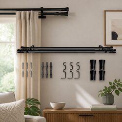 Extendable Double Curtain Rod with Bell Cap - Black Steel