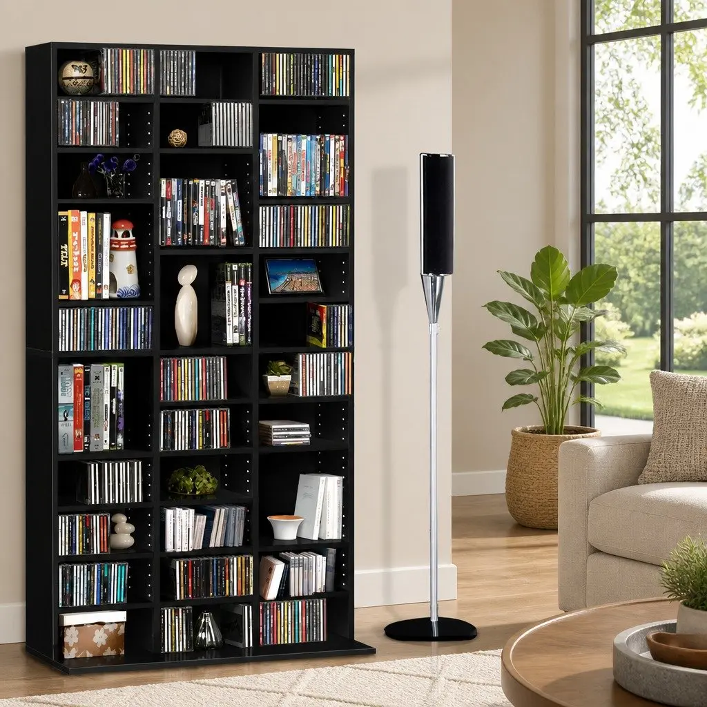 Adjustable Black Storage Rack for CDs DVDs Books