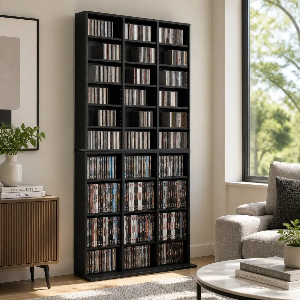 Adjustable Black Storage Rack for CDs DVDs Books