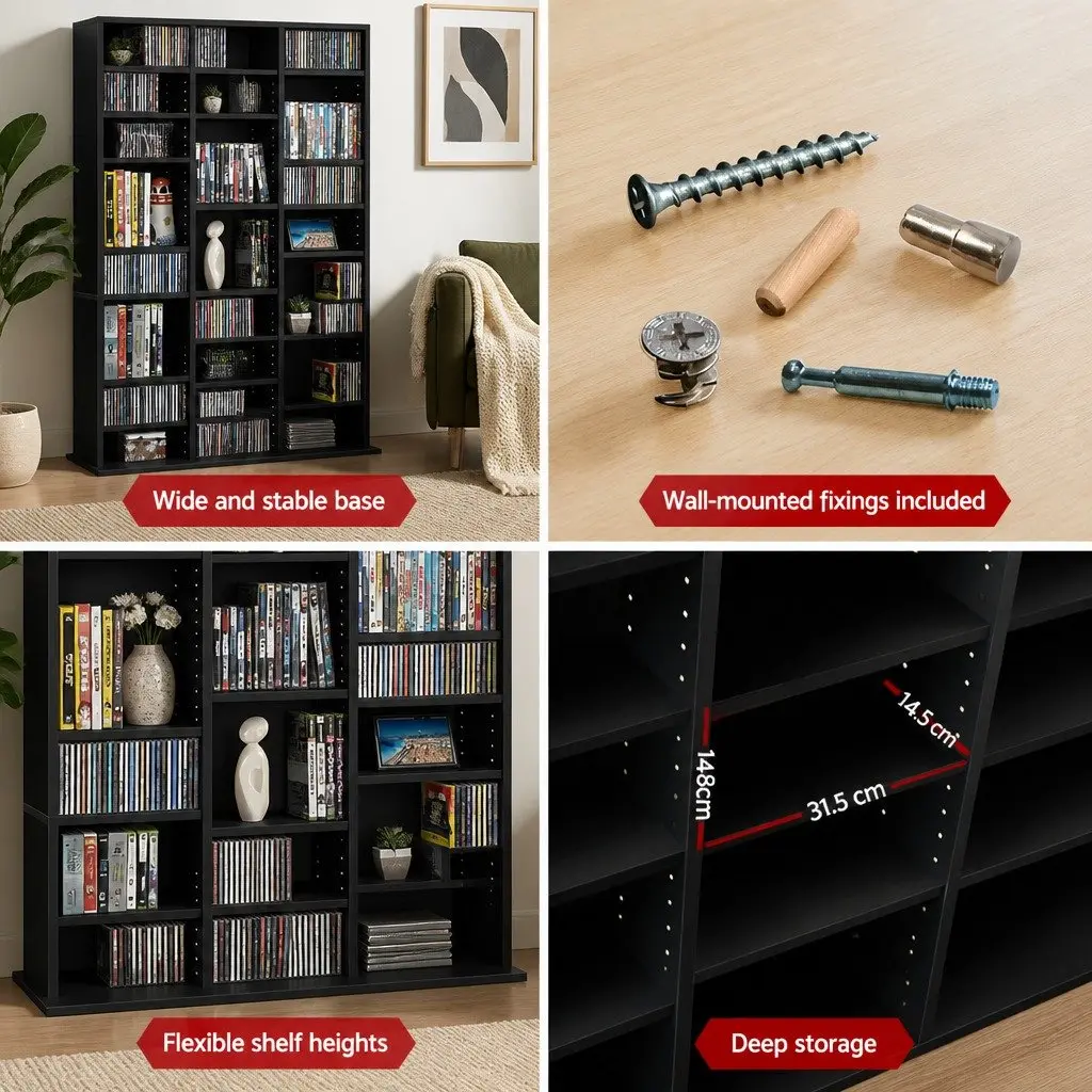 Adjustable Black Storage Rack for CDs DVDs Books