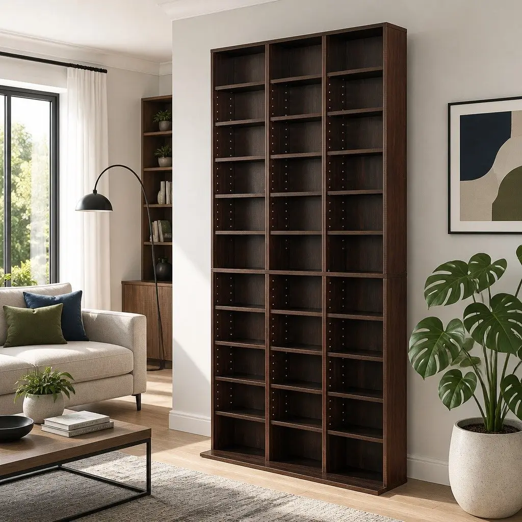 CD DVD Bookshelf Storage Rack Particle Board Adjustable Shelves Walnut 102 x 23.5 x 194.5 cm