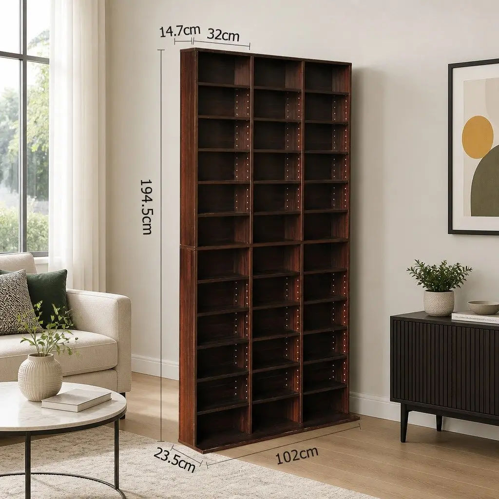 CD DVD Bookshelf Storage Rack Particle Board Adjustable Shelves Walnut 102 x 23.5 x 194.5 cm
