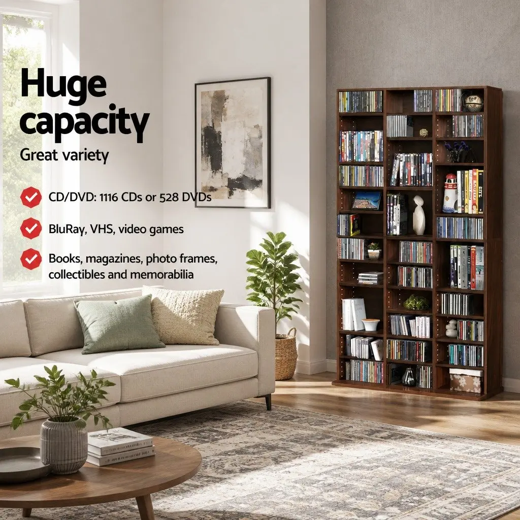 CD DVD Bookshelf Storage Rack Particle Board Adjustable Shelves Walnut 102 x 23.5 x 194.5 cm