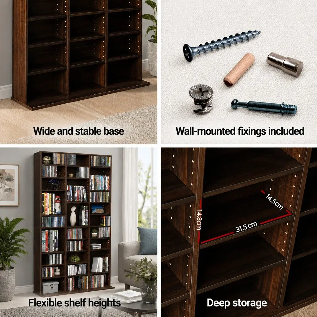 CD DVD Bookshelf Storage Rack Particle Board Adjustable Shelves Walnut 102 x 23.5 x 194.5 cm