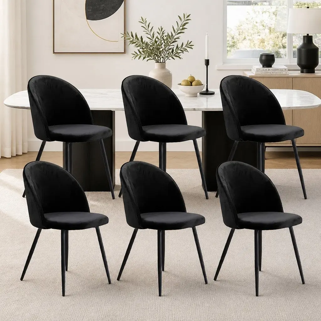 Set of 6 Black Velvet Upholstered Dining Chairs