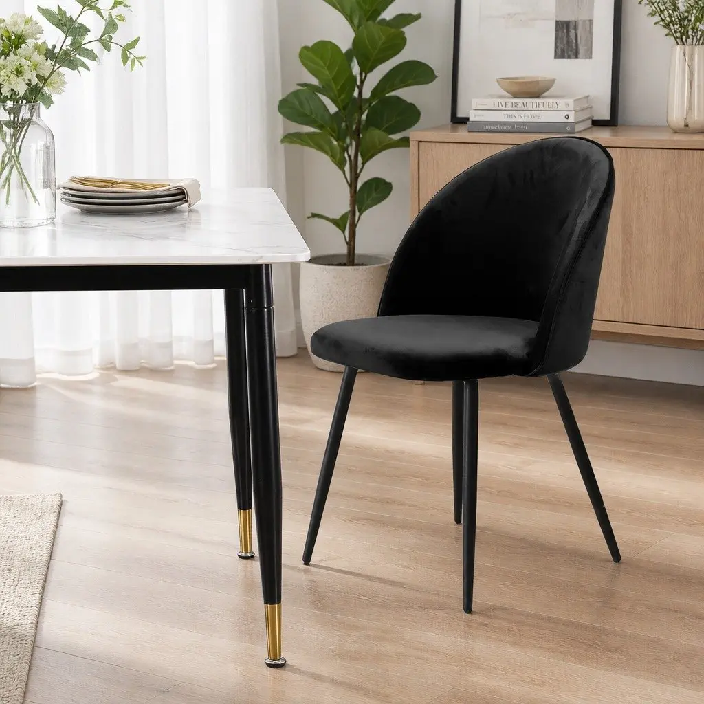 Set of 6 Black Velvet Upholstered Dining Chairs