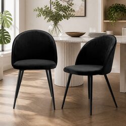 Set of 2 Velvet Black Dining Chairs with Steel Frame