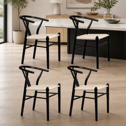 Set of 4 Black Dining Chairs with Rattan Seats