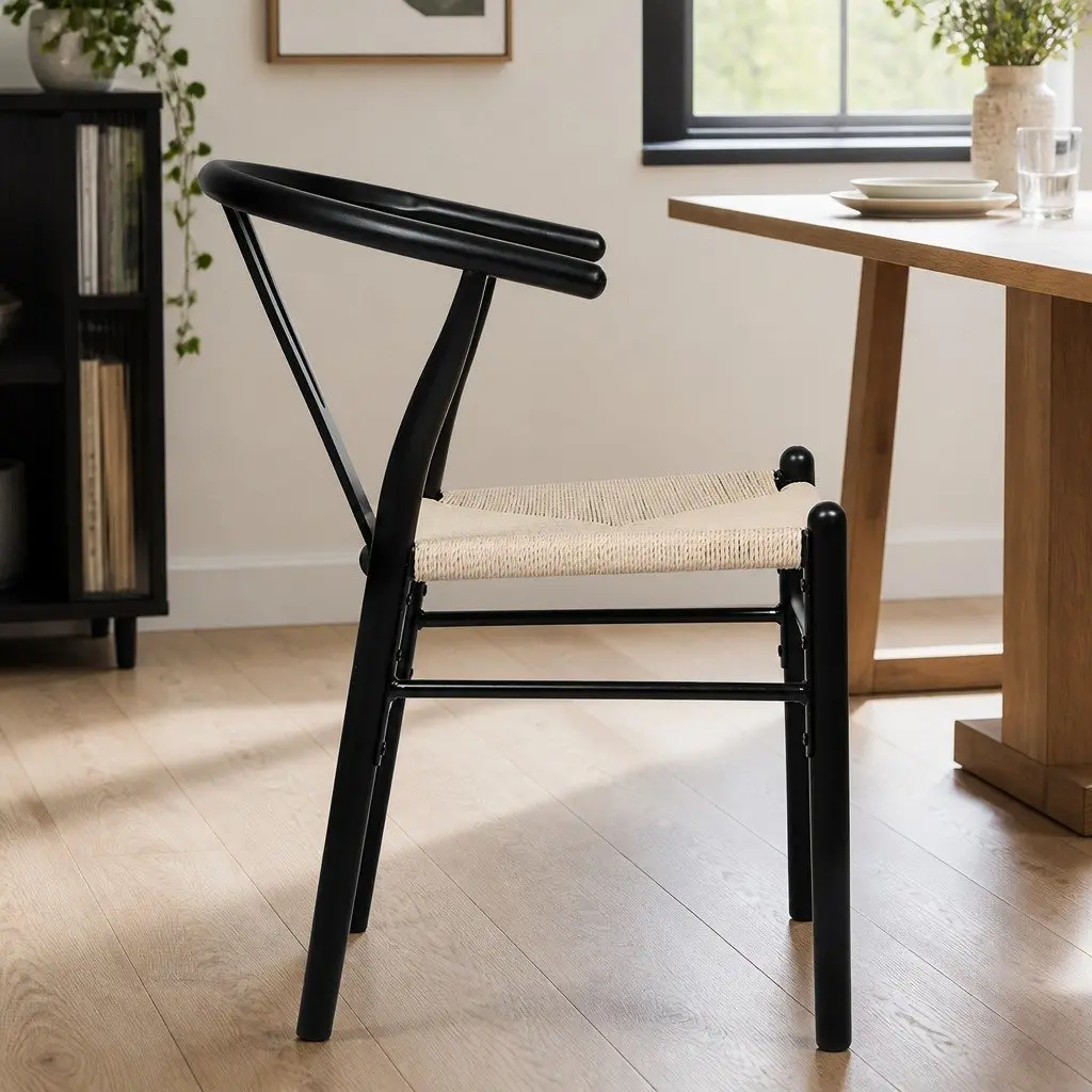 Set of 4 Black Dining Chairs with Rattan Seats