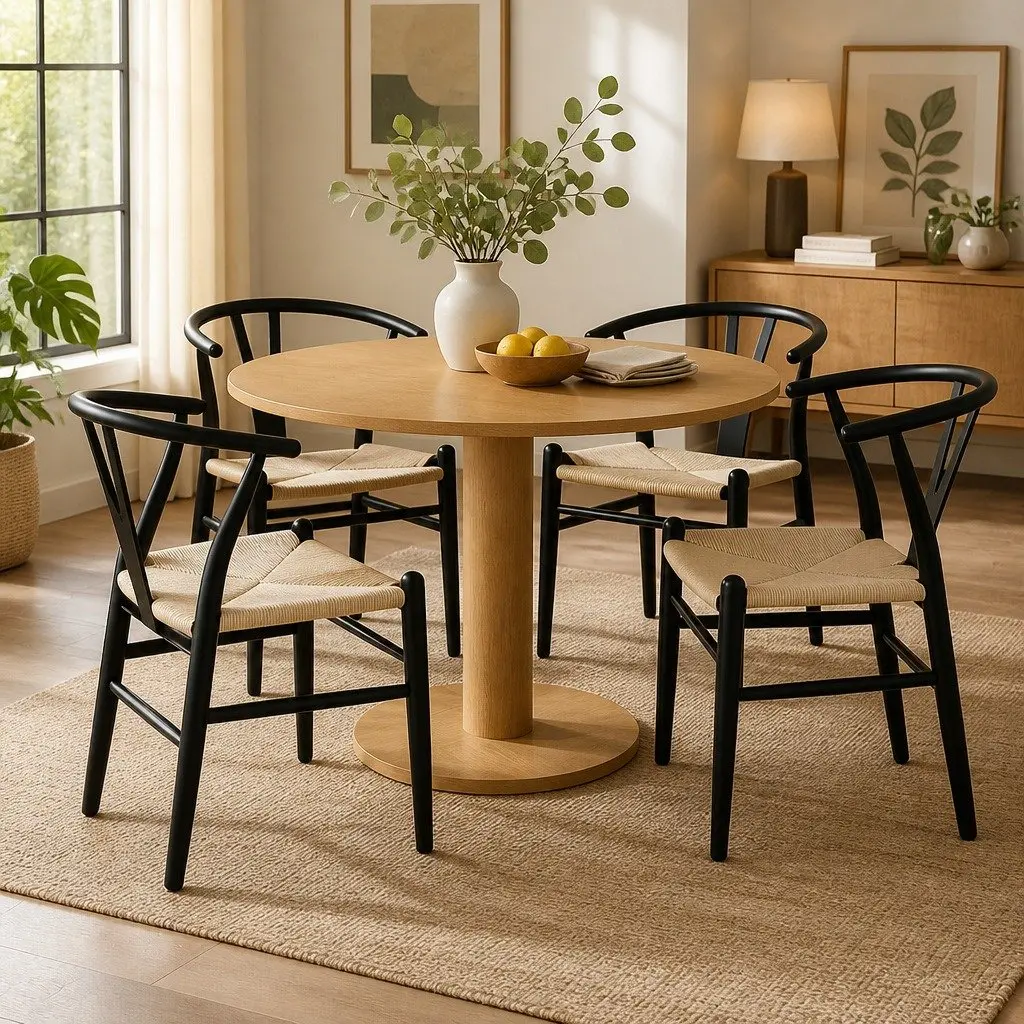 Set of 4 Black Dining Chairs with Rattan Seats
