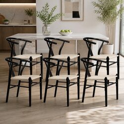 Set of 6 Black Dining Chairs with Wooden Frame and Rattan Seats
