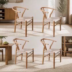 Set of 4 Modern Wooden Dining Chairs with Rattan Seat