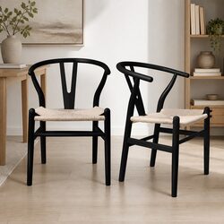 Dining Chairs Wooden Seat Black Modern Design Rattan Seating Set of 2