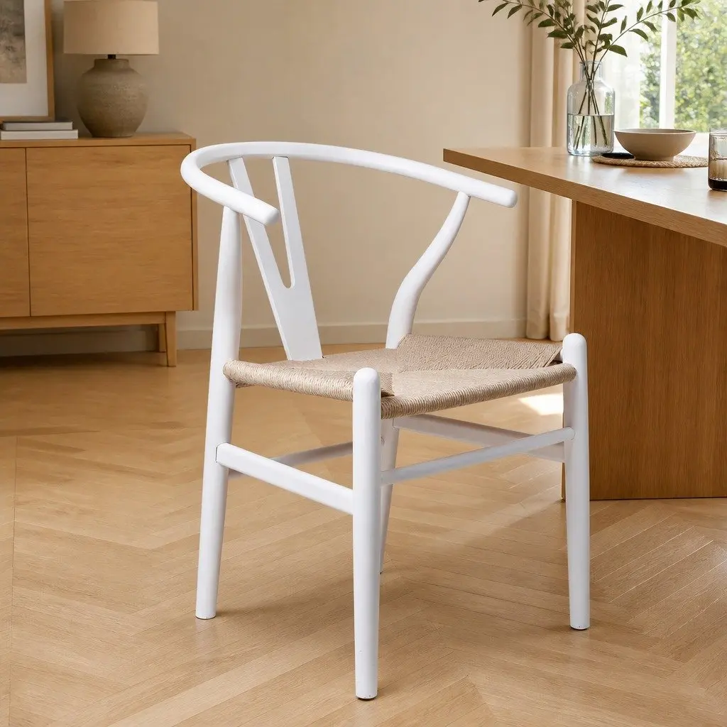 Set of 2 Modern White Dining Chairs with Rattan Seats