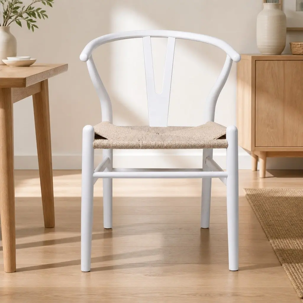 Set of 2 Modern White Dining Chairs with Rattan Seats