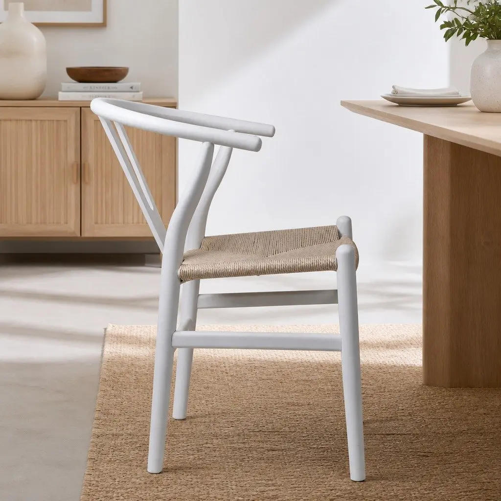 Set of 2 Modern White Dining Chairs with Rattan Seats
