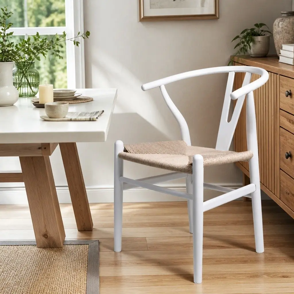 Set of 2 Modern White Dining Chairs with Rattan Seats