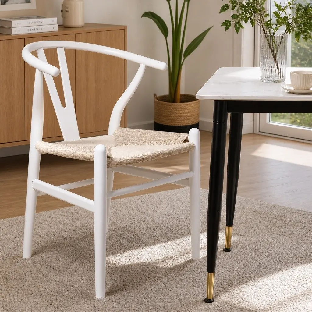 Set of 2 Modern White Dining Chairs with Rattan Seats