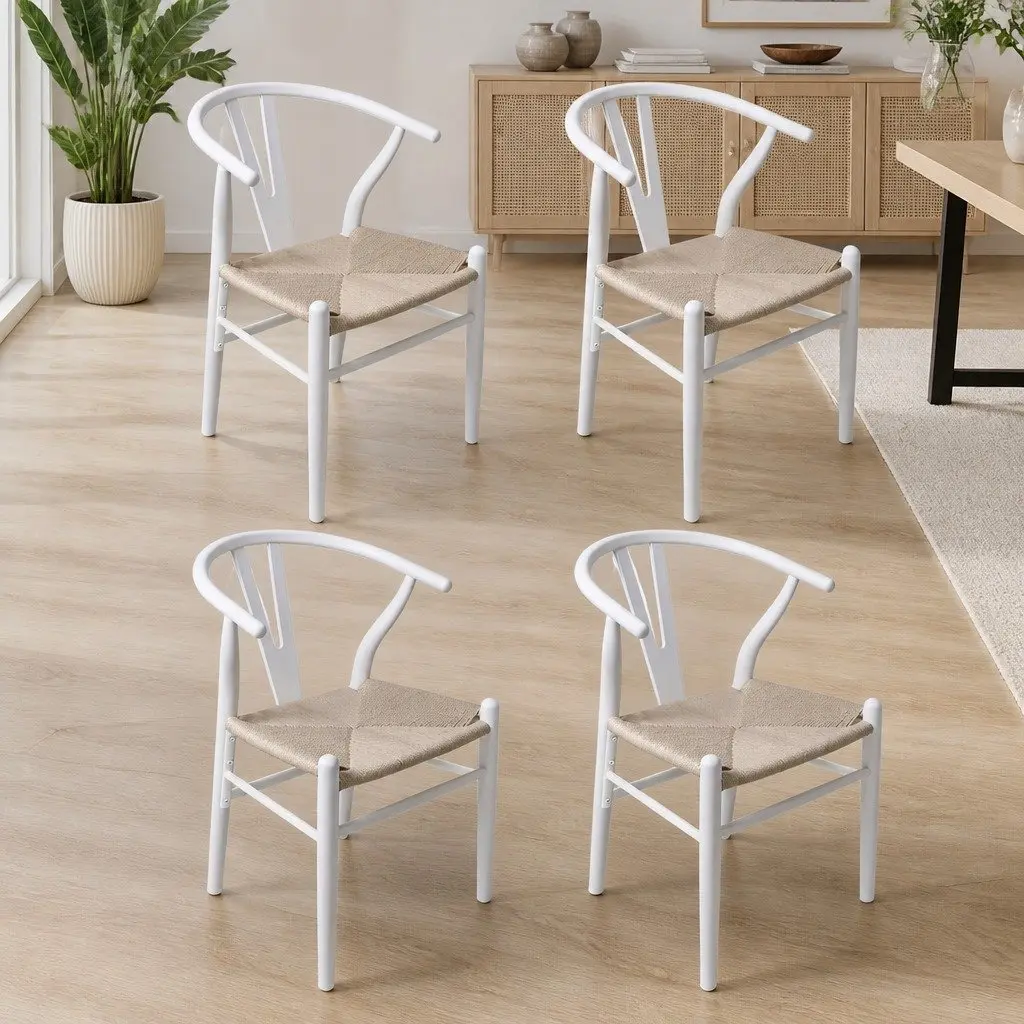 Dining Chairs Wooden Rattan Seat White 4 Piece