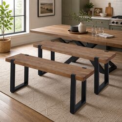 140cm Solid Wood Dining Bench with Steel Frame