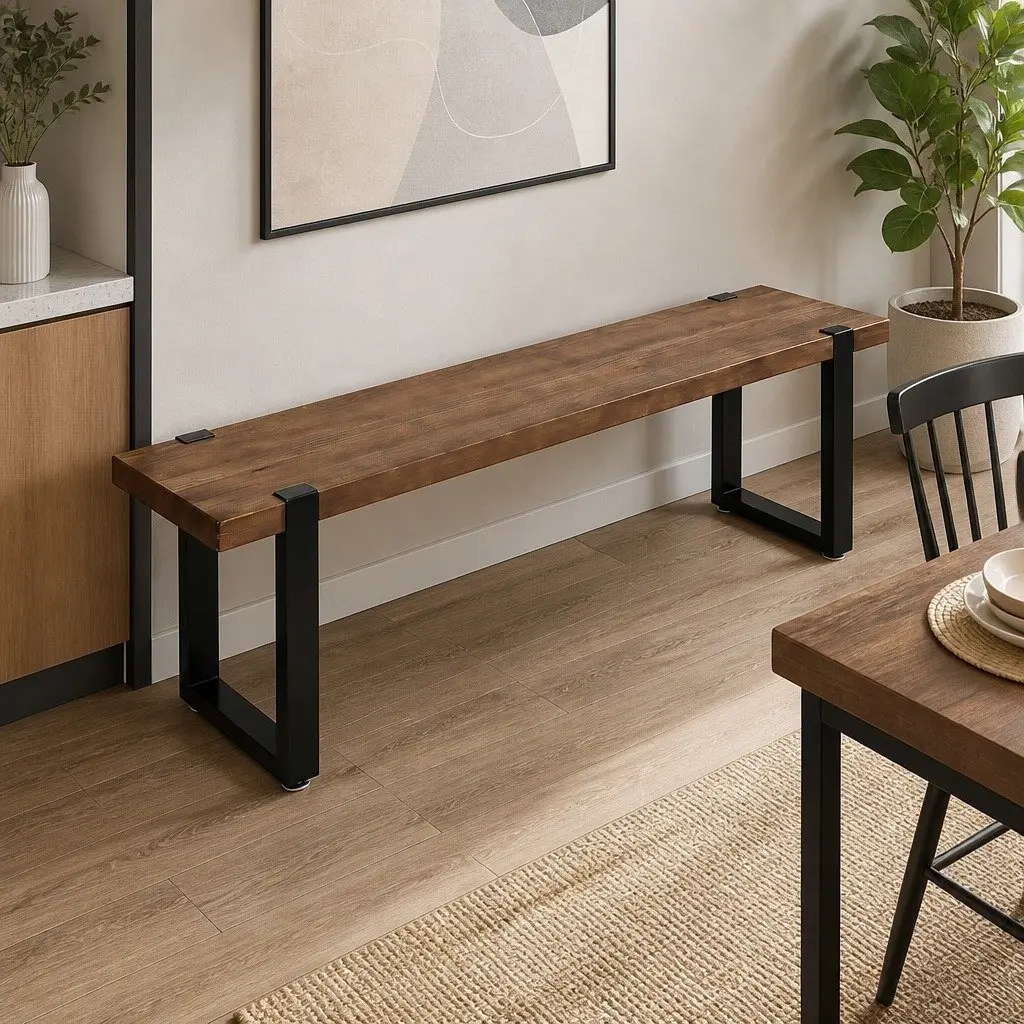 140cm Solid Wood Dining Bench with Steel Frame