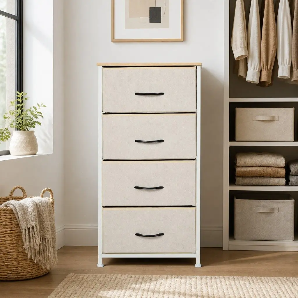 Storage Cabinet MDF Steel 4 Drawer Beige