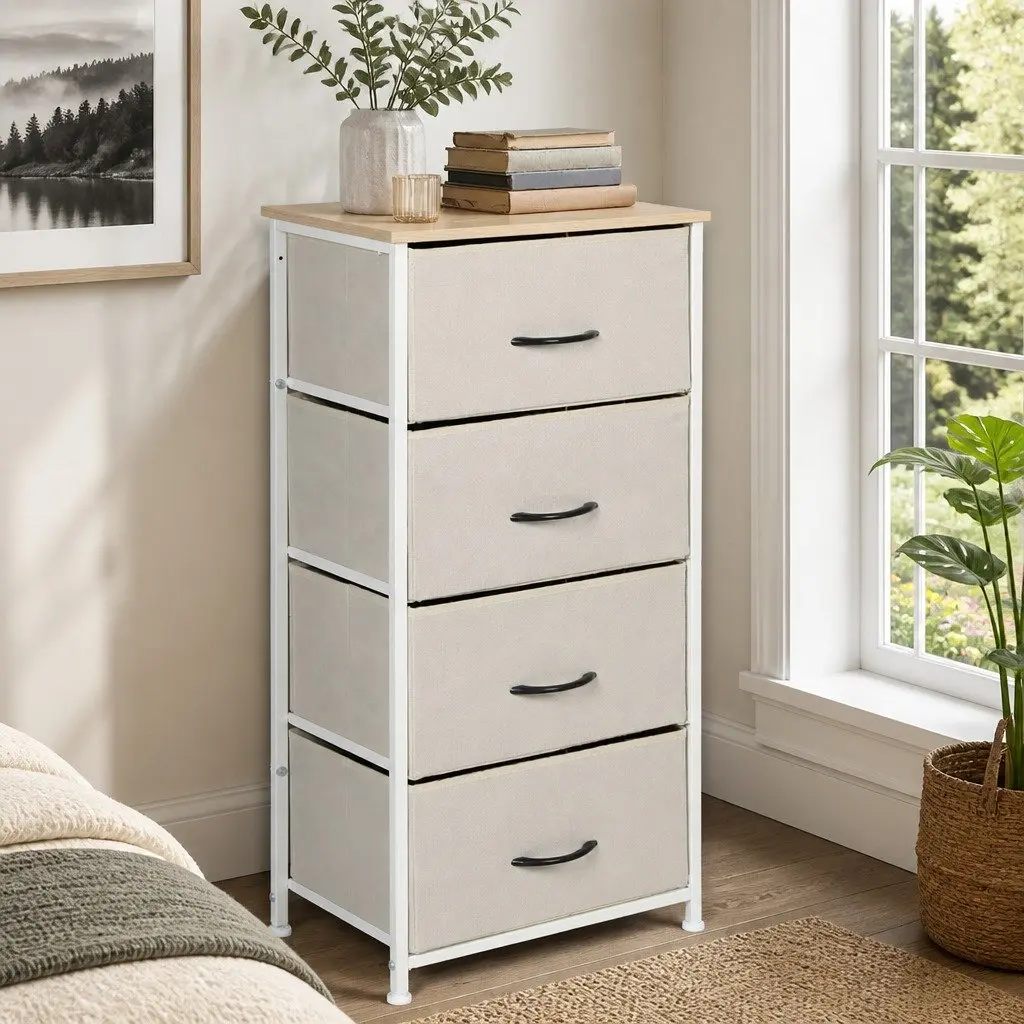 Storage Cabinet MDF Steel 4 Drawer Beige