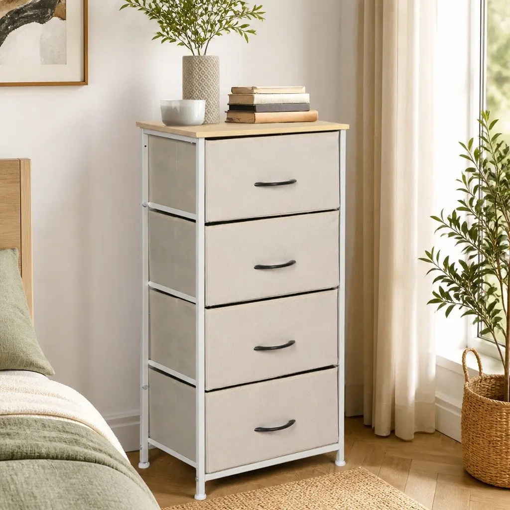 Storage Cabinet MDF Steel 4 Drawer Beige