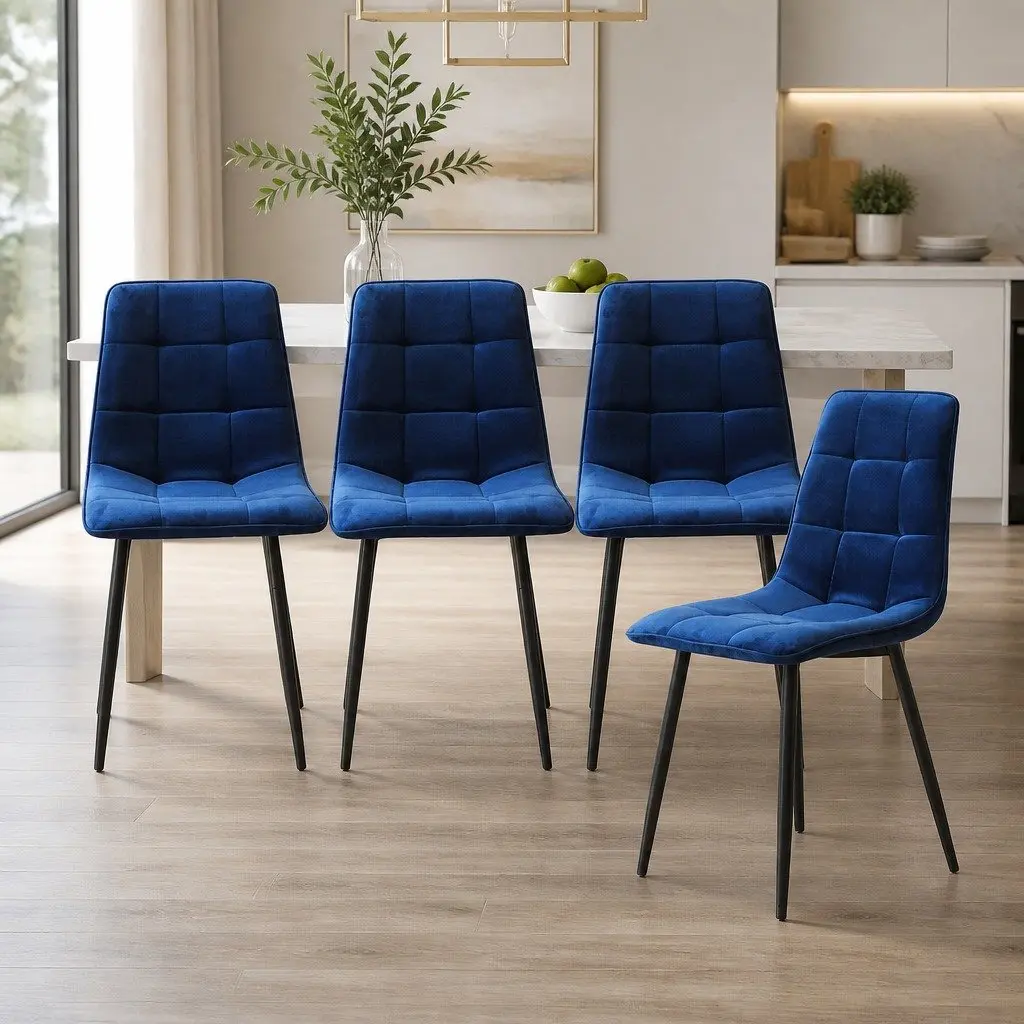 Set of 4 High Density Foam Velvet Blue Dining Chairs