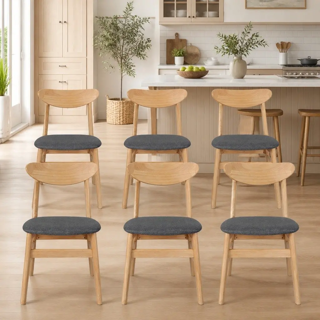 Set of 6 Dining Chairs Natural Linen Upholstery Wood Frame Kitchen Seating