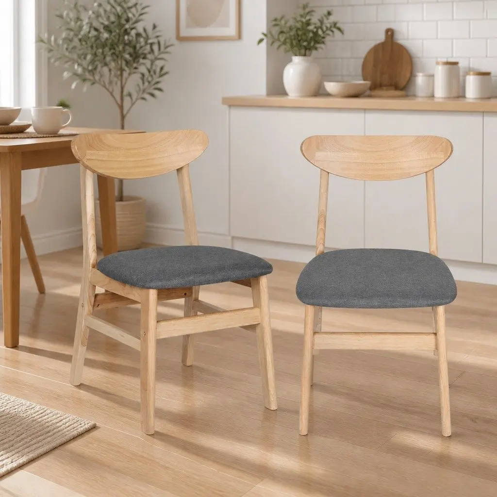 Set of 6 Dining Chairs Natural Linen Upholstery Wood Frame Kitchen Seating