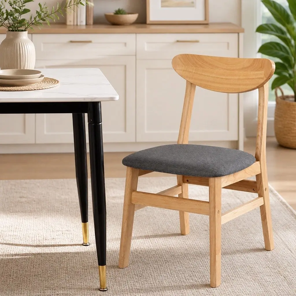 Set of 6 Dining Chairs Natural Linen Upholstery Wood Frame Kitchen Seating