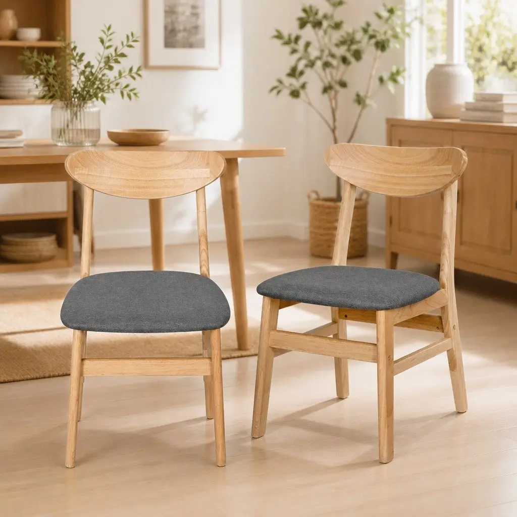 Set of 6 Dining Chairs Natural Linen Upholstery Wood Frame Kitchen Seating