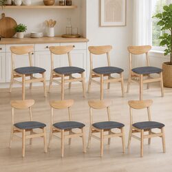 Set of 8 Natural Wood Dining Chairs with Linen Upholstery