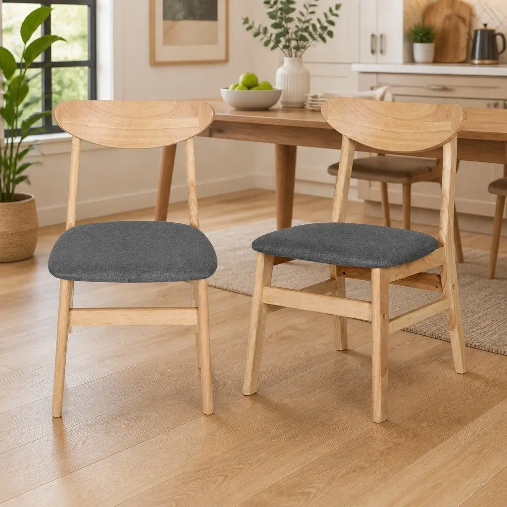 Set of 2 Wooden Frame Dining Chairs with Linen Seat