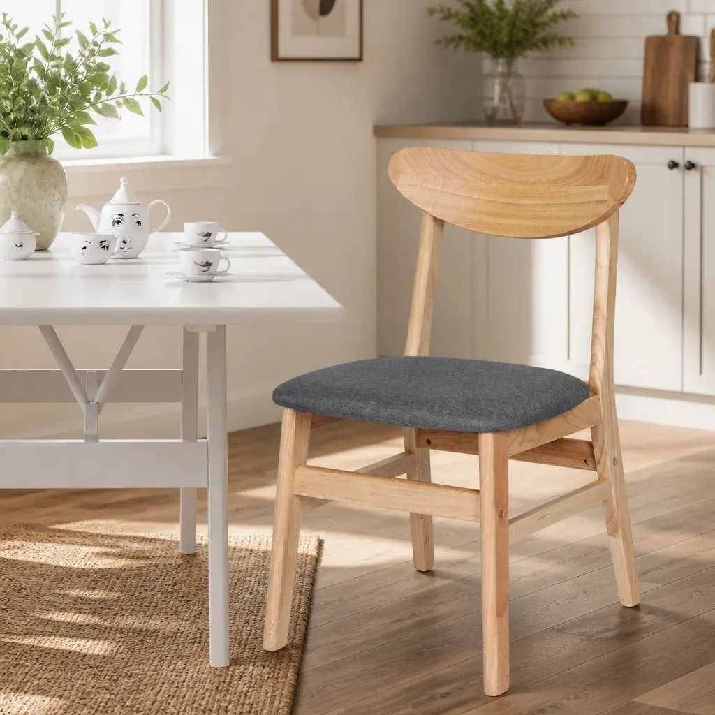 Set of 2 Wooden Frame Dining Chairs with Linen Seat