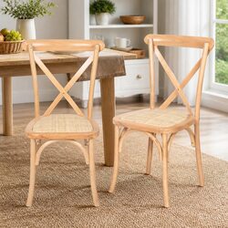 Set of 2 Wooden Frame Dining Chairs with Rattan Seat