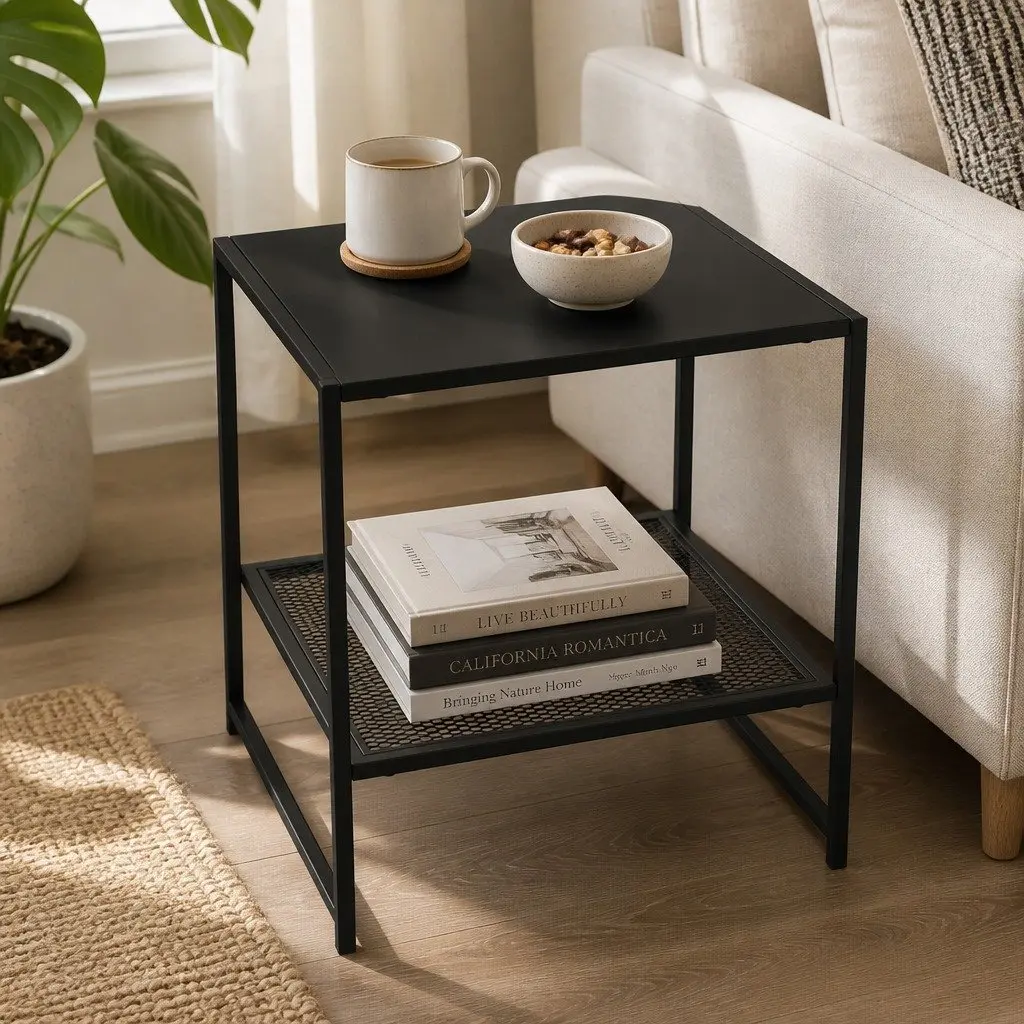 Black Steel Side Table with Open Shelves