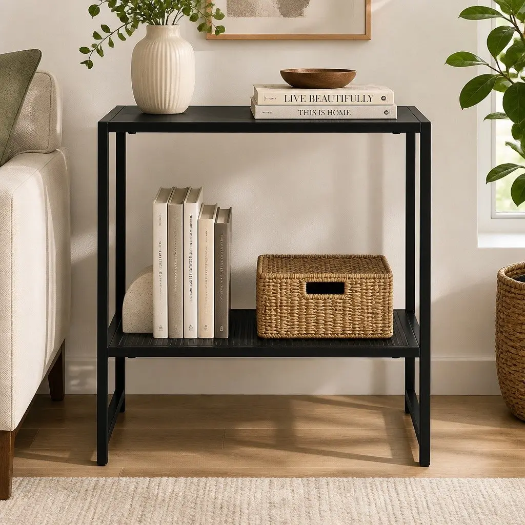 Black Steel Side Table with Open Shelves