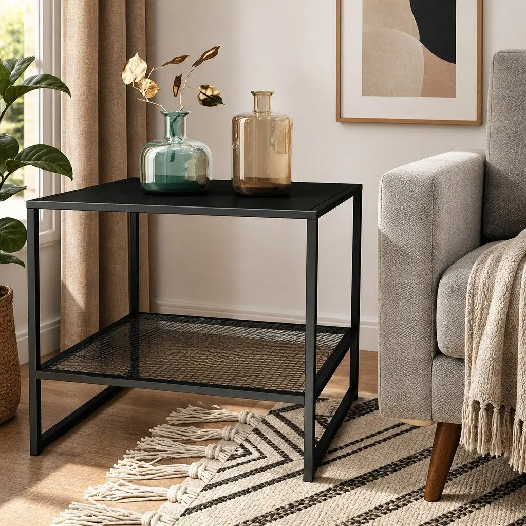 Black Steel Side Table with Open Shelves