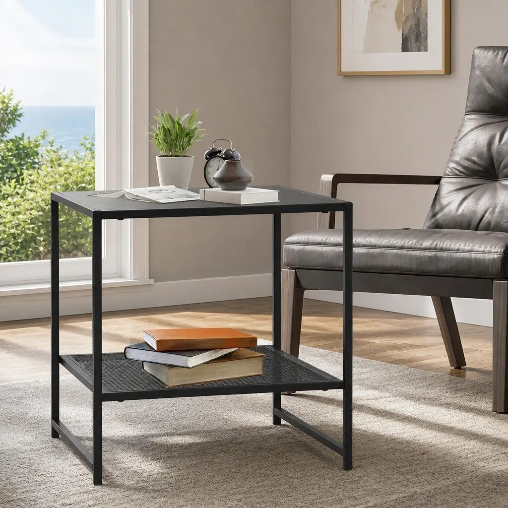Black Steel Side Table with Open Shelves
