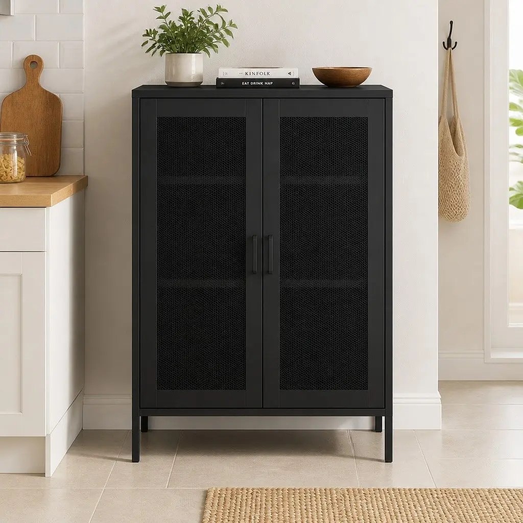 Storage Cabinet Steel 80cm W x 40cm D x 101.5cm H Black Mesh Doors Adjustable Shelves