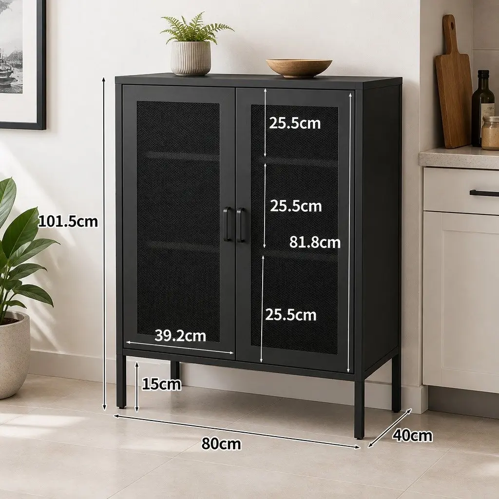 Storage Cabinet Steel 80cm W x 40cm D x 101.5cm H Black Mesh Doors Adjustable Shelves