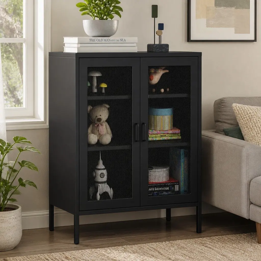 Storage Cabinet Steel 80cm W x 40cm D x 101.5cm H Black Mesh Doors Adjustable Shelves