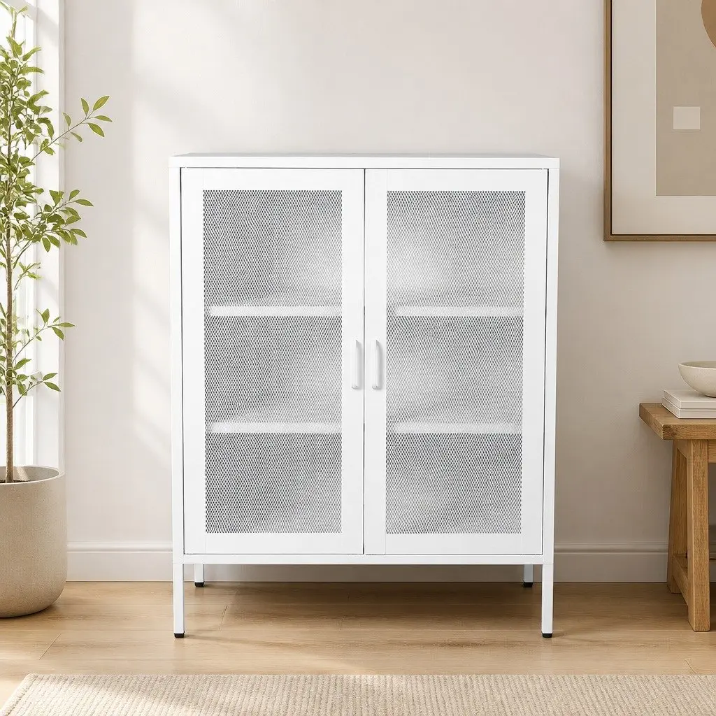 Storage Cabinet Steel White 80cm W x 40cm D x 101.5cm H with Mesh Doors