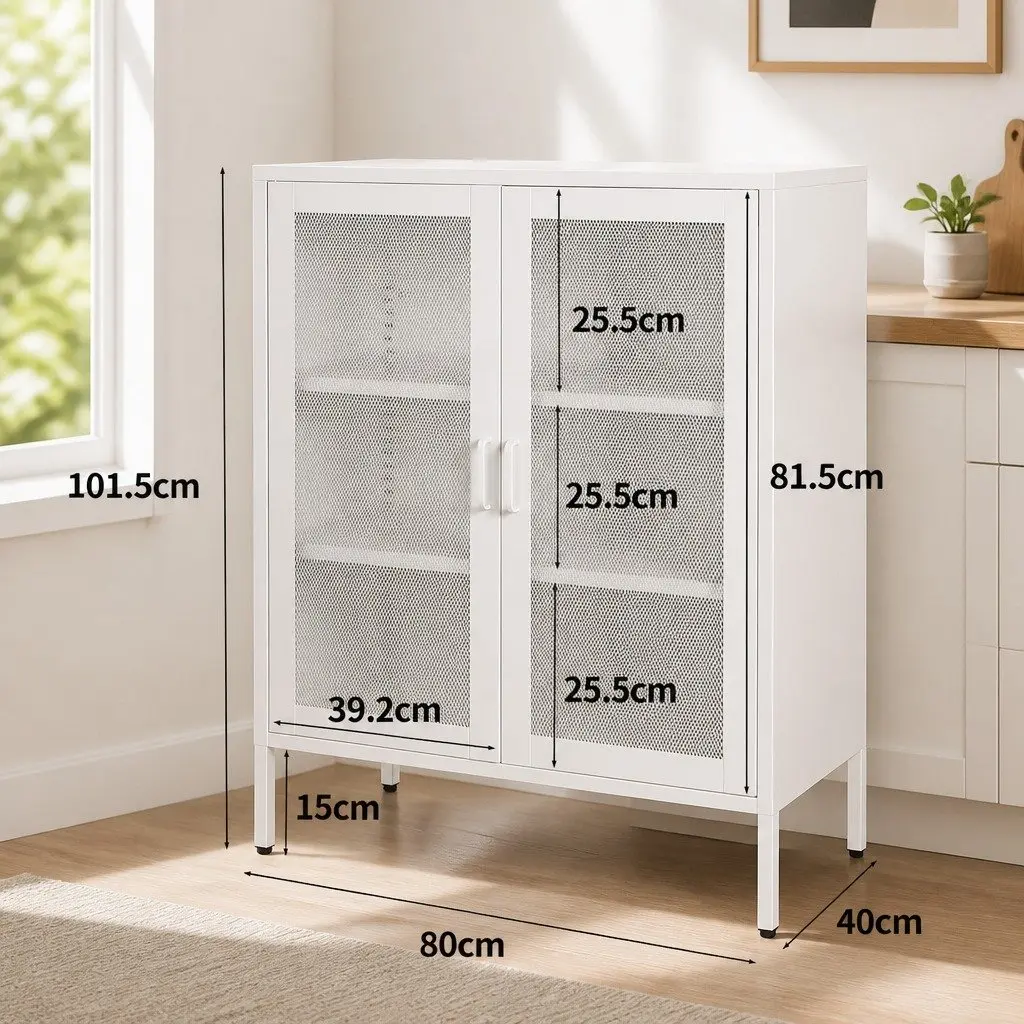 Storage Cabinet Steel White 80cm W x 40cm D x 101.5cm H with Mesh Doors