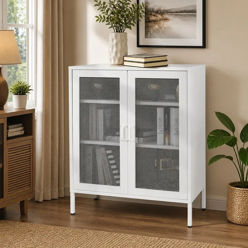 Storage Cabinet Steel White 80cm W x 40cm D x 101.5cm H with Mesh Doors