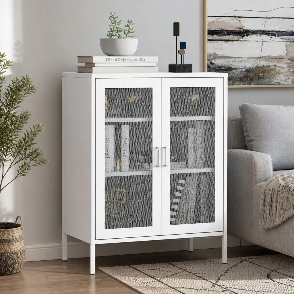 Storage Cabinet Steel White 80cm W x 40cm D x 101.5cm H with Mesh Doors