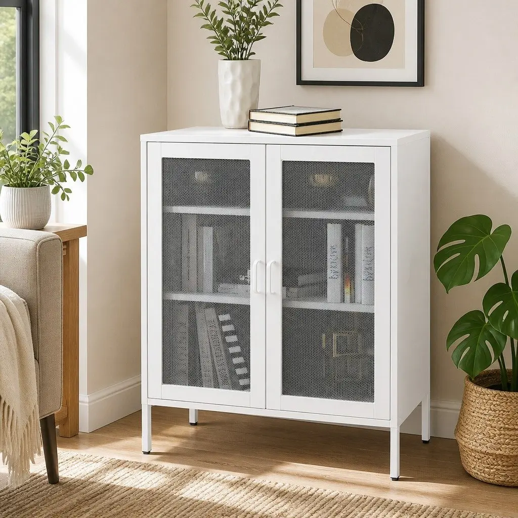 Storage Cabinet Steel White 80cm W x 40cm D x 101.5cm H with Mesh Doors