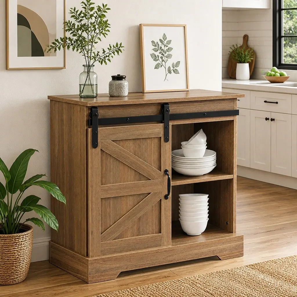 Rustic Sideboard Storage Cabinet with Barn Door